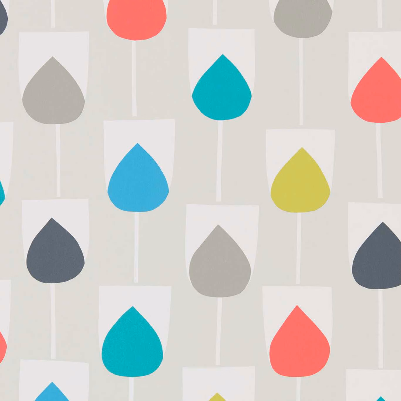 Coral, teal, lime and slate teardrop motifs on pale grey wallpaper