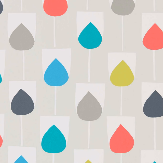 Coral, teal, lime and slate teardrop motifs on pale grey wallpaper