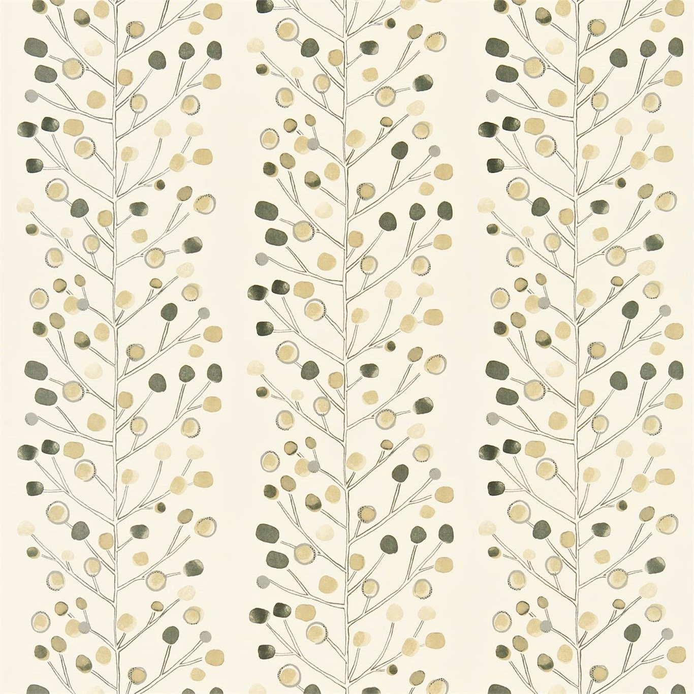 Cream fabric with branching berry trees in olive, sage, gold and hessian tones