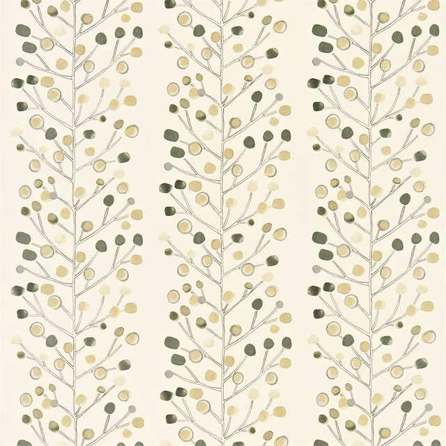 Cream fabric with branching berry trees in olive, sage, gold and hessian tones