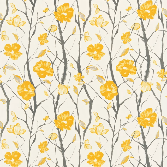 Chalk ground with sunflower-yellow blooms and charcoal branching stems