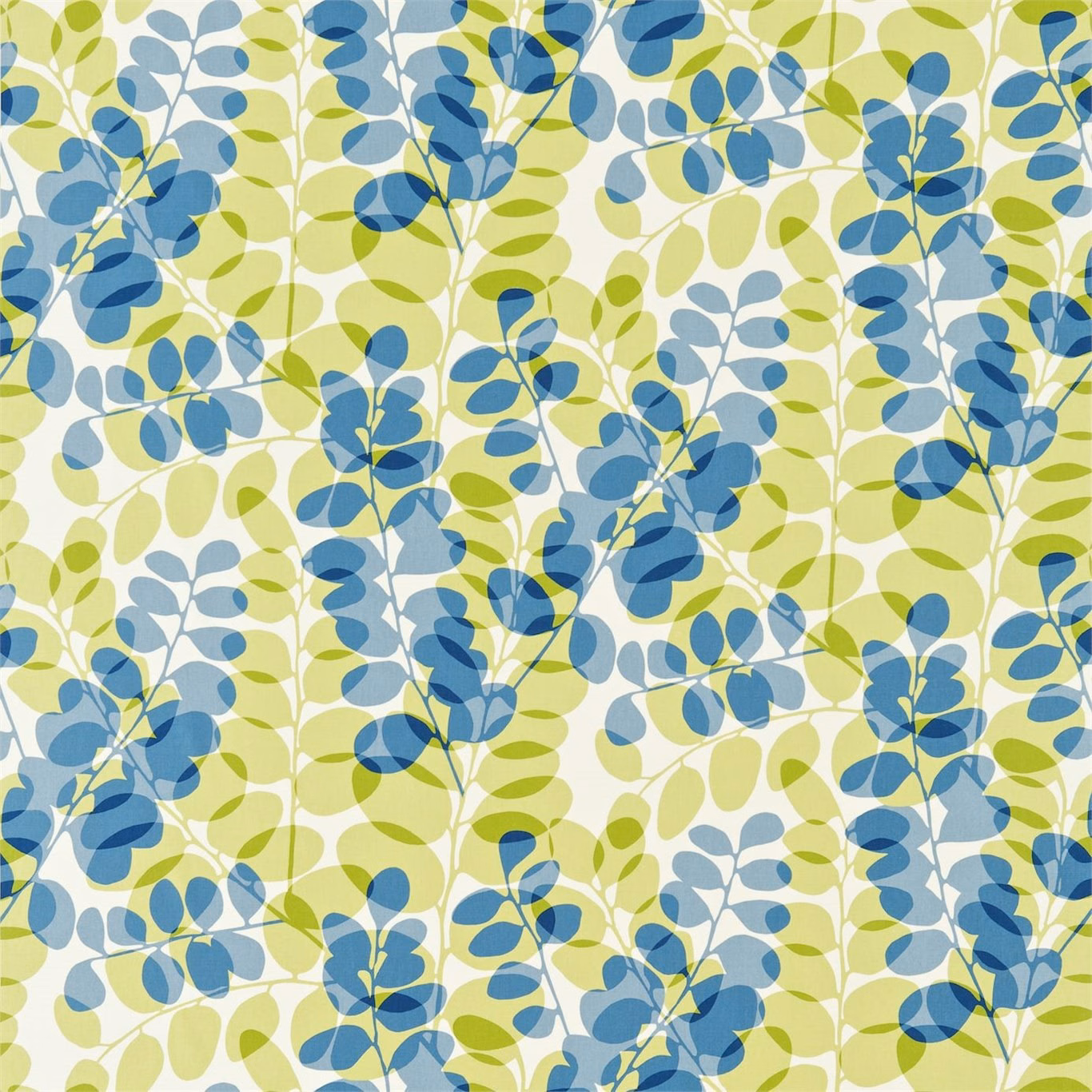 Denim-blue and lime leafy vines over a chalk ground in a repeating textile pattern