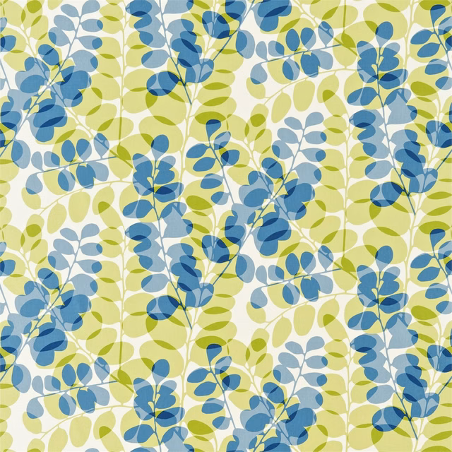 Denim-blue and lime leafy vines over a chalk ground in a repeating textile pattern