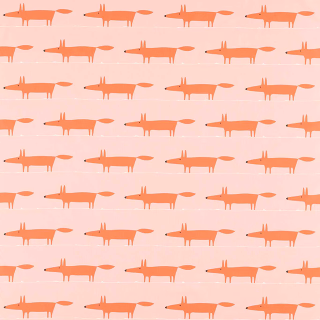 Blush pink fabric with repeated coral foxes arranged in horizontal rows