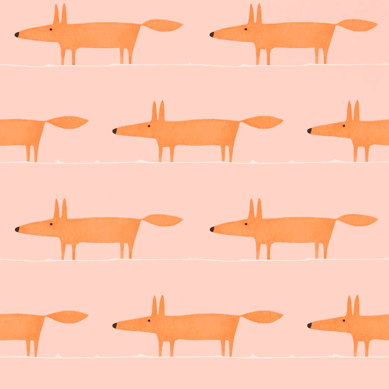 Peach-pink wallpaper with repeating orange foxes, black noses and pale horizontal lines