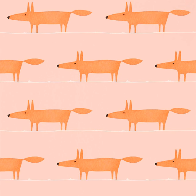 Peach-pink wallpaper with repeating orange foxes, black noses and pale horizontal lines