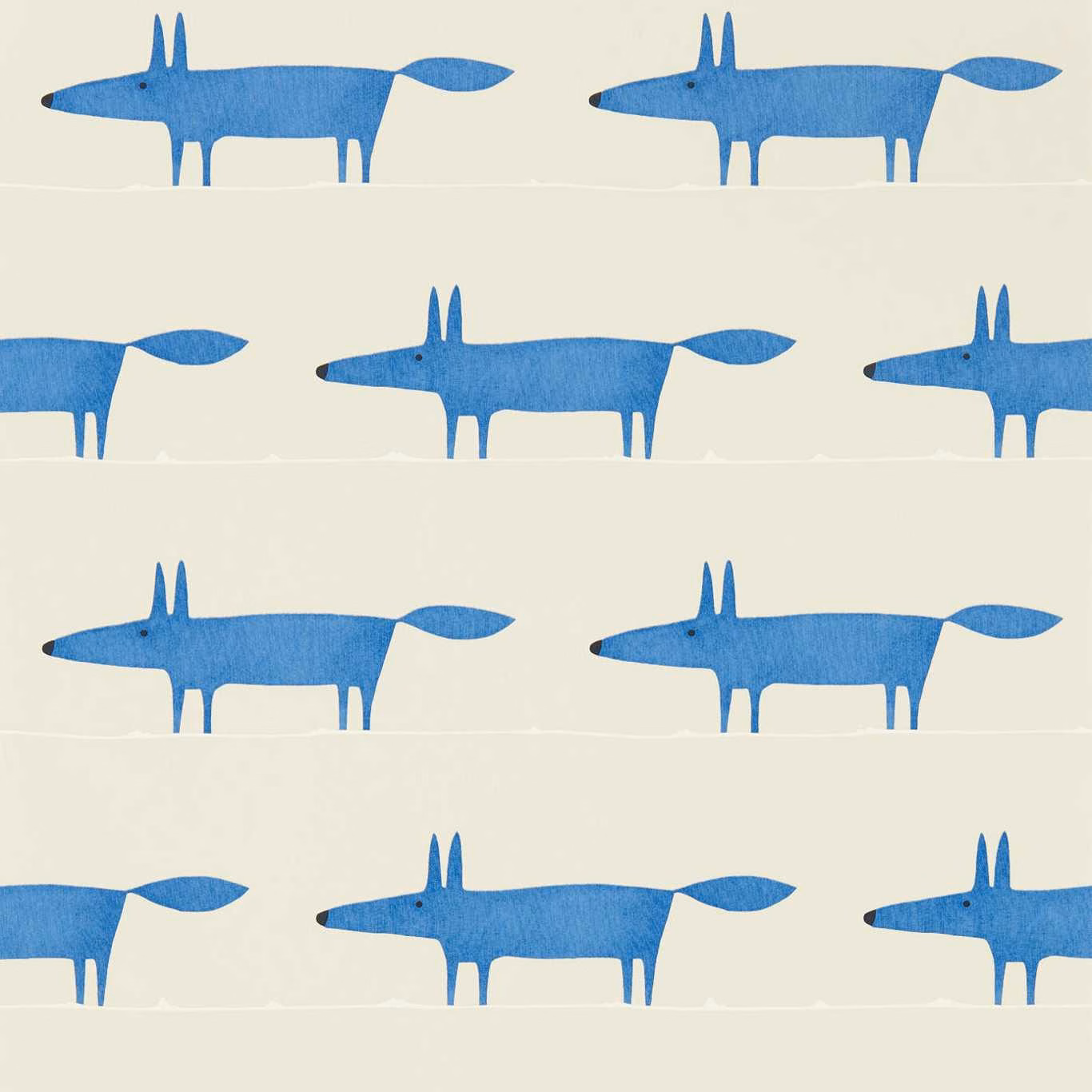 Muted denim-blue foxes repeat in staggered rows across a pebble wallpaper ground