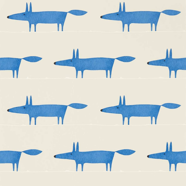 Muted denim-blue foxes repeat in staggered rows across a pebble wallpaper ground