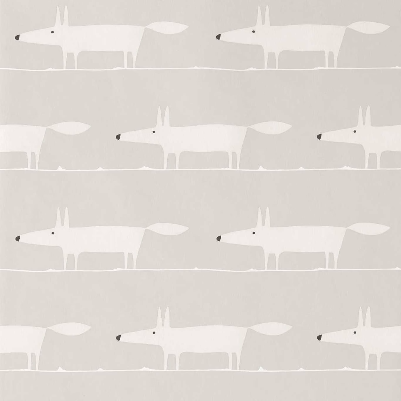 White foxes with dark noses repeating across a soft stone-grey wallpaper ground