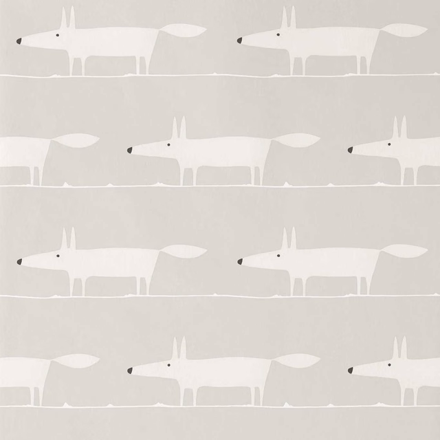 White foxes with dark noses repeating across a soft stone-grey wallpaper ground