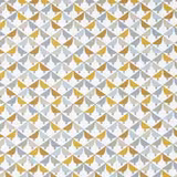 Mustard, blue-grey and cream fan motifs in a tightly repeated geometric pattern
