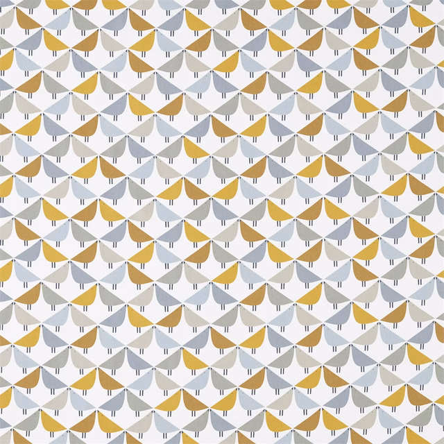 Mustard, blue-grey and cream fan motifs in a tightly repeated geometric pattern