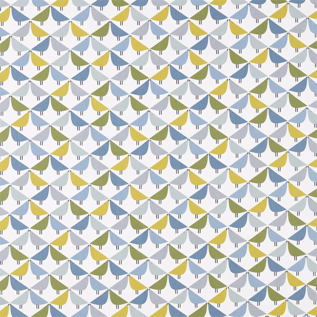 Blue, olive and mustard scalloped fan motifs on a pale patterned fabric