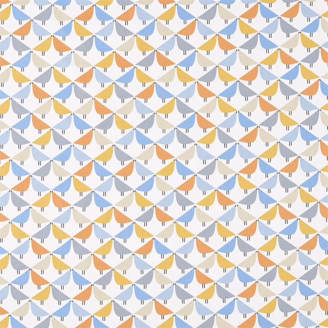 Off-white fabric with repeating sky-blue, satsuma, yellow and pebble fan motifs