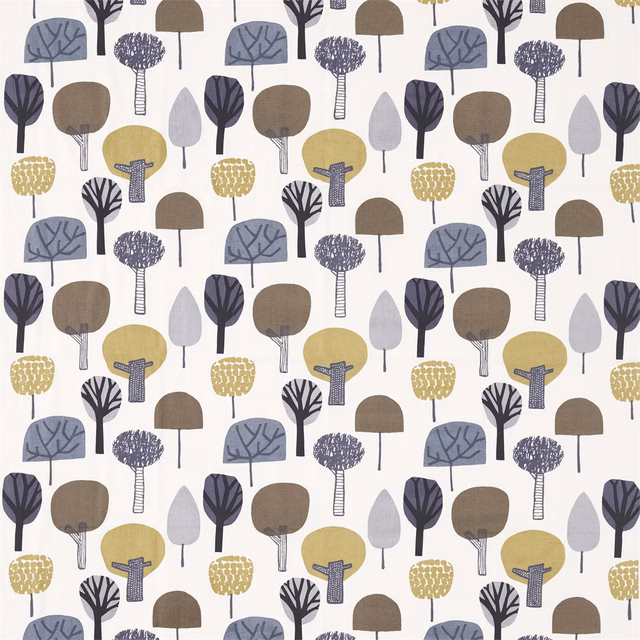 Cream textile with repeating honey, cocoa and slate stylised tree motifs