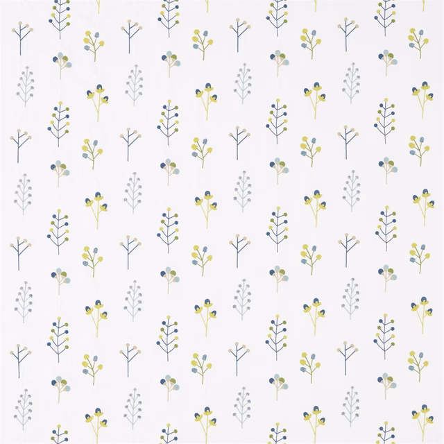 Cream fabric with tiny citrus yellow, blue and green botanical sprigs