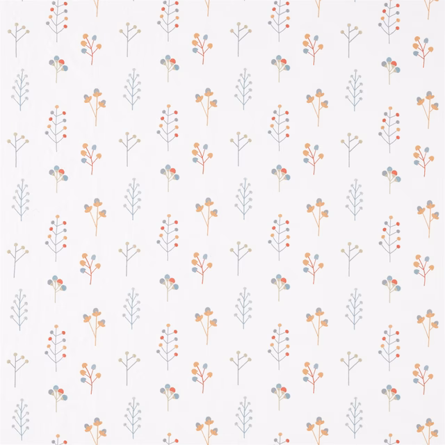 Ivory botanical fabric with tiny watermelon, tangerine and slate sprigs in a regular repeat