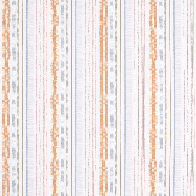 Cream woven fabric with peach, sky-blue and pebble-grey uneven vertical stripes