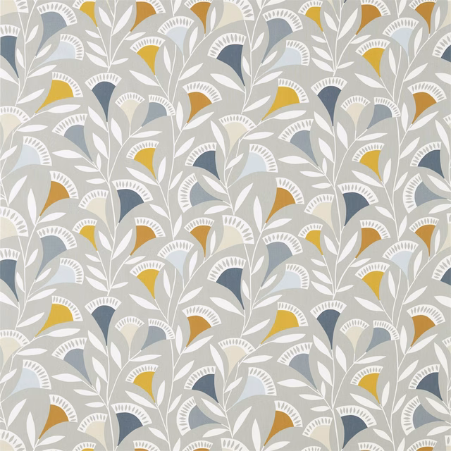 Cool grey fabric with white leafy stems and butterscotch, charcoal fan motifs