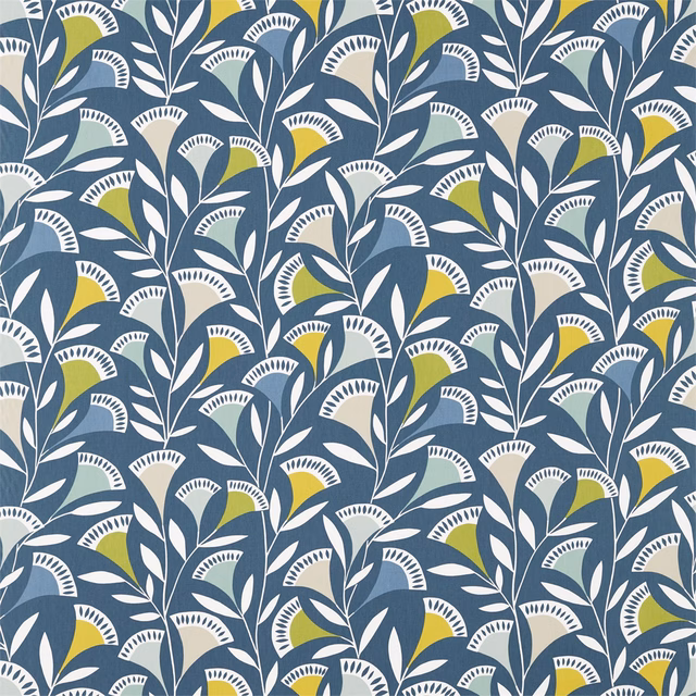 Midnight blue fabric with mist leaves and bright kiwi botanical accents