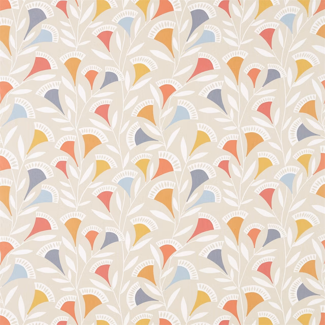 Watermelon, tangerine and slate botanical leaves on a pale grey fabric ground
