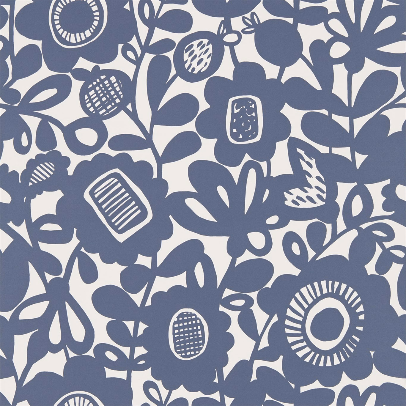 Ink-blue stylised flowers and leaves on an ivory botanical wallpaper ground