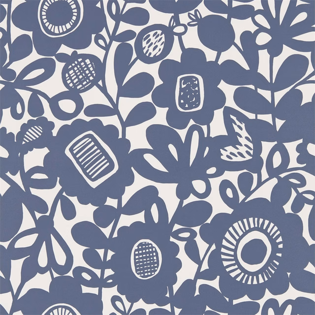 Ink-blue stylised flowers and leaves on an ivory botanical wallpaper ground