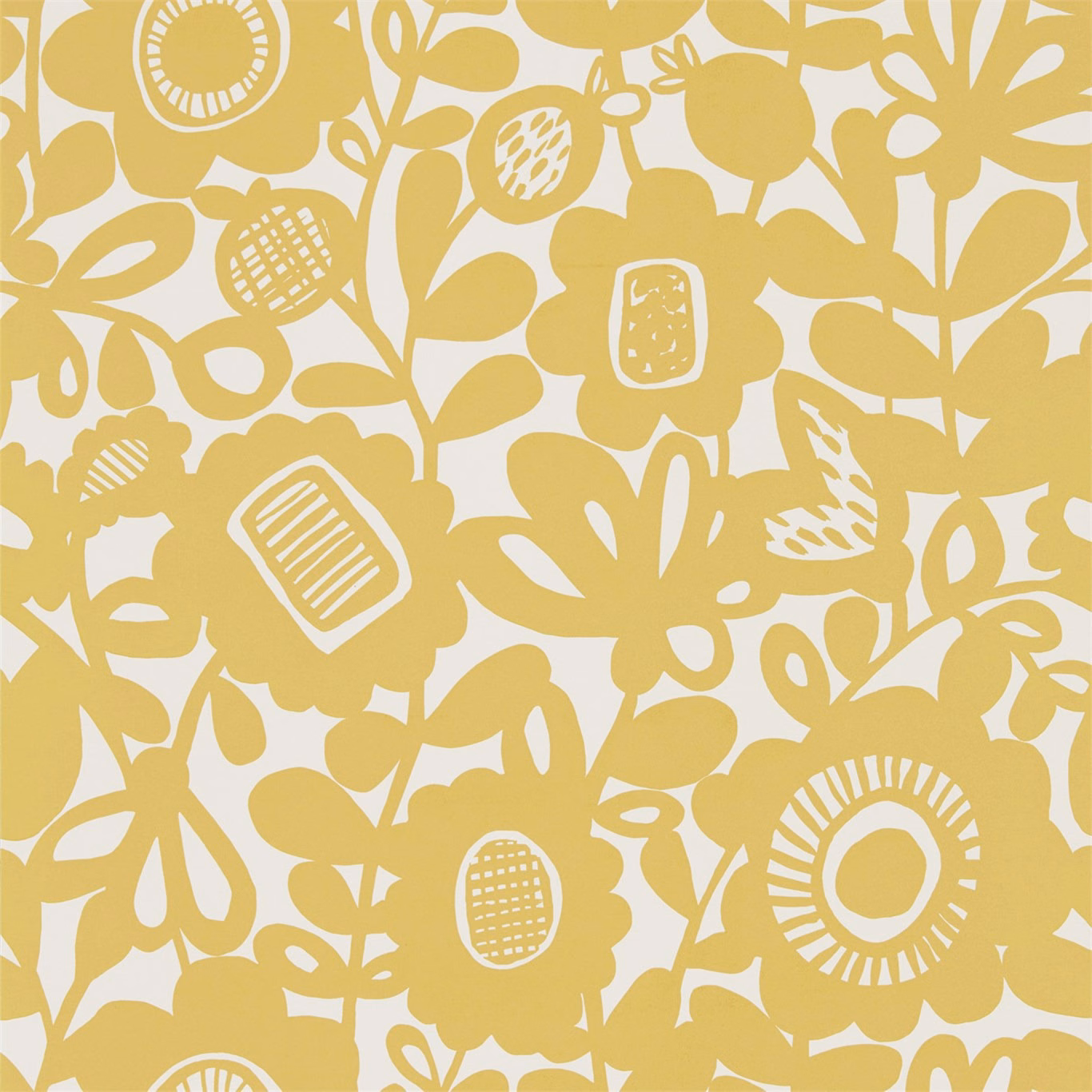 Warm mustard botanical silhouettes with hand-drawn details on a cream wallpaper ground
