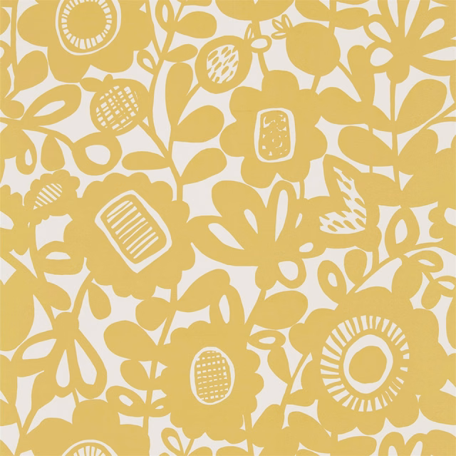 Warm mustard botanical silhouettes with hand-drawn details on a cream wallpaper ground