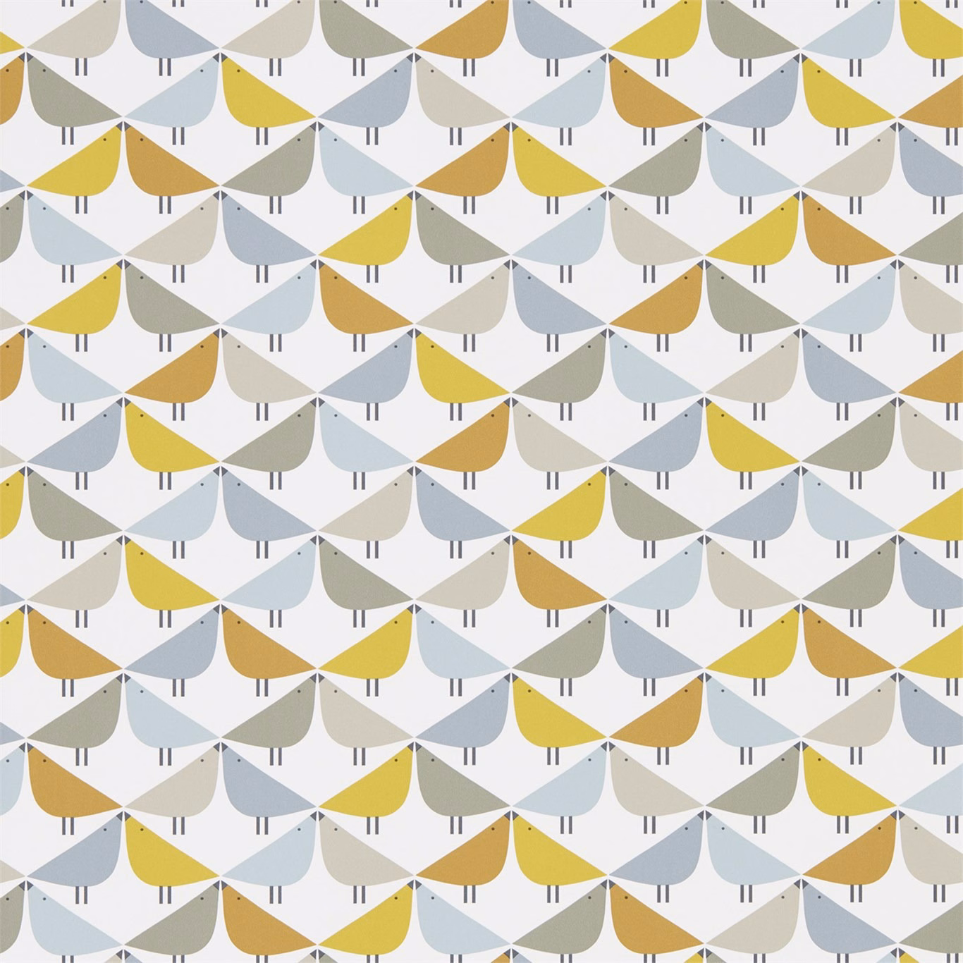 Mustard, butterscotch, pale blue and pebble bird motifs in a repeating wallpaper pattern