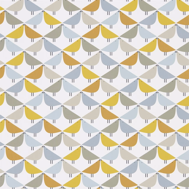 Mustard, butterscotch, pale blue and pebble bird motifs in a repeating wallpaper pattern