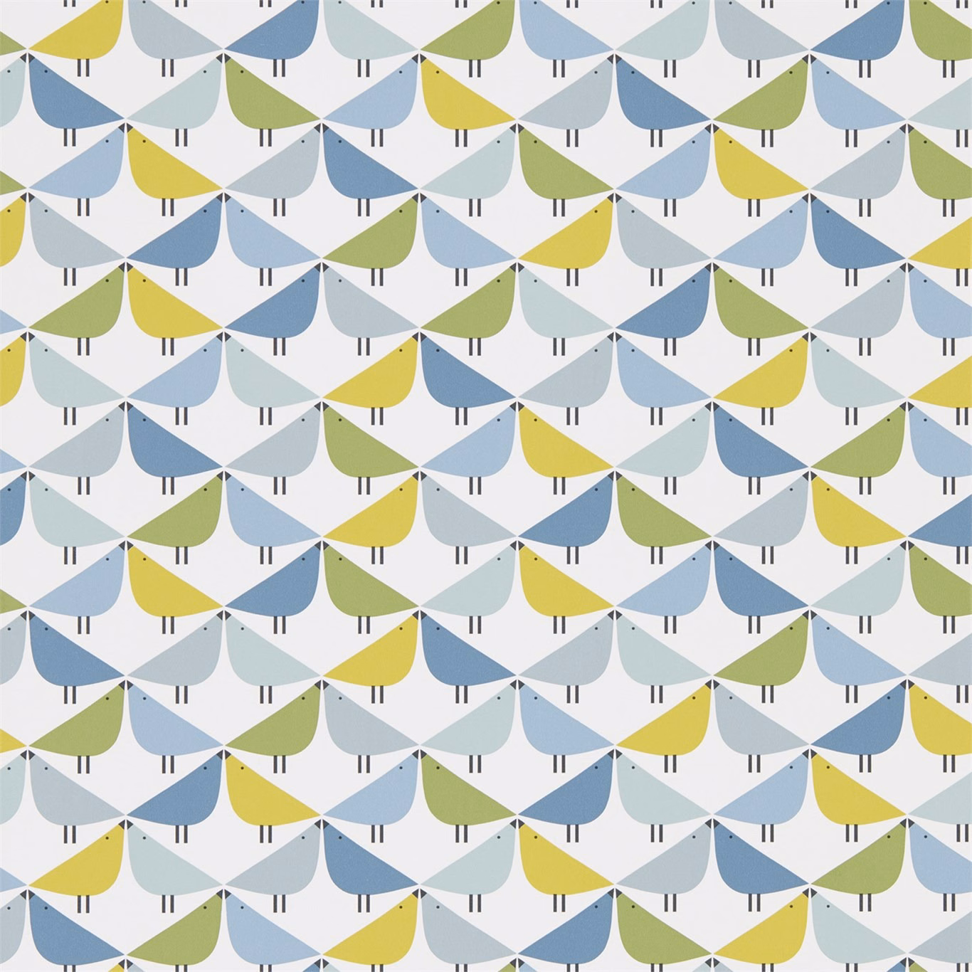 Pastel blue, grey, olive and yellow bird-like motifs on a pale wallpaper ground