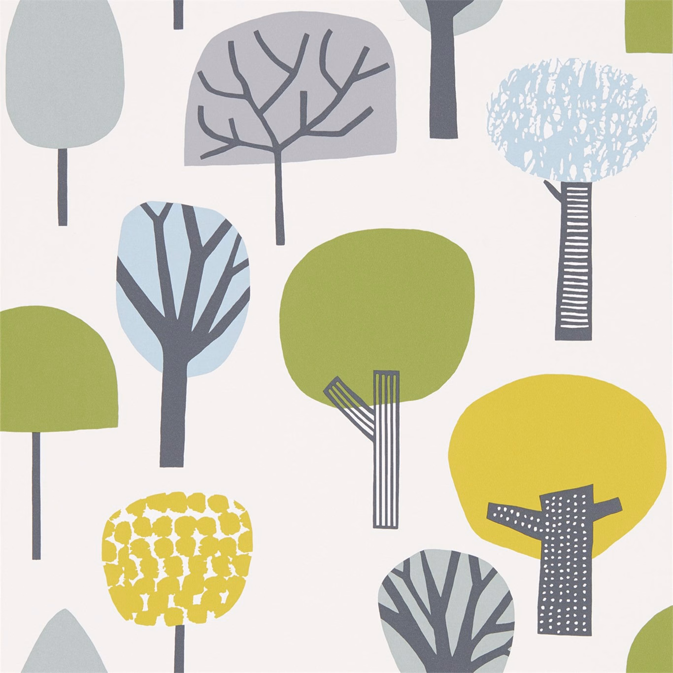 Stylised trees in citrus yellow, gecko green, glacier blue and charcoal on off-white wallpaper