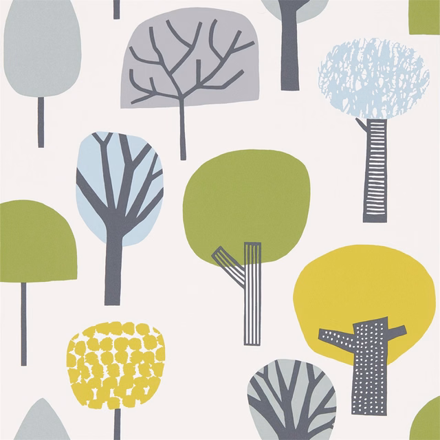Stylised trees in citrus yellow, gecko green, glacier blue and charcoal on off-white wallpaper