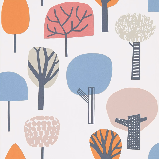 Abstract tree wallpaper in watermelon coral, tangerine orange and lake blue on a pale ground