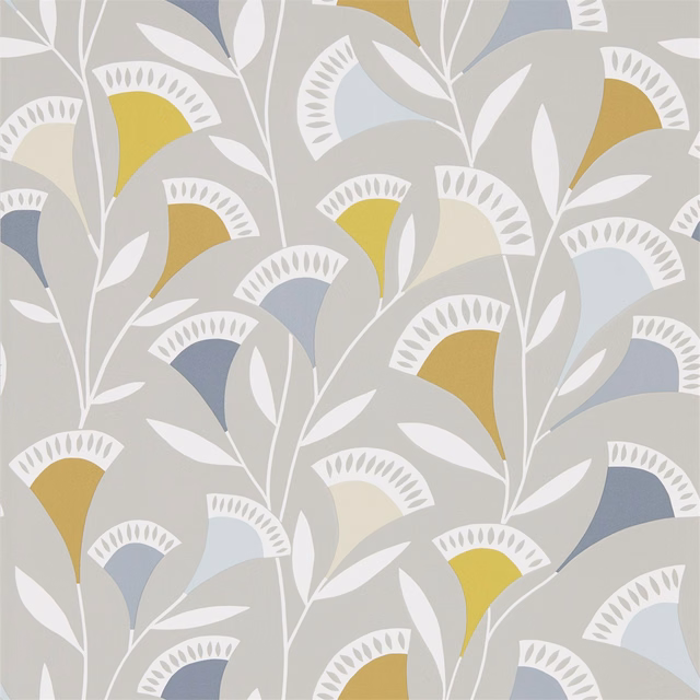 Warm grey wallpaper with white botanical stems and butterscotch, yellow and charcoal fan motifs