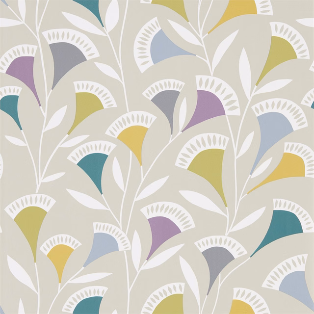 Soft grey wallpaper with teal, olive, lilac and mustard fan-shaped botanical motifs