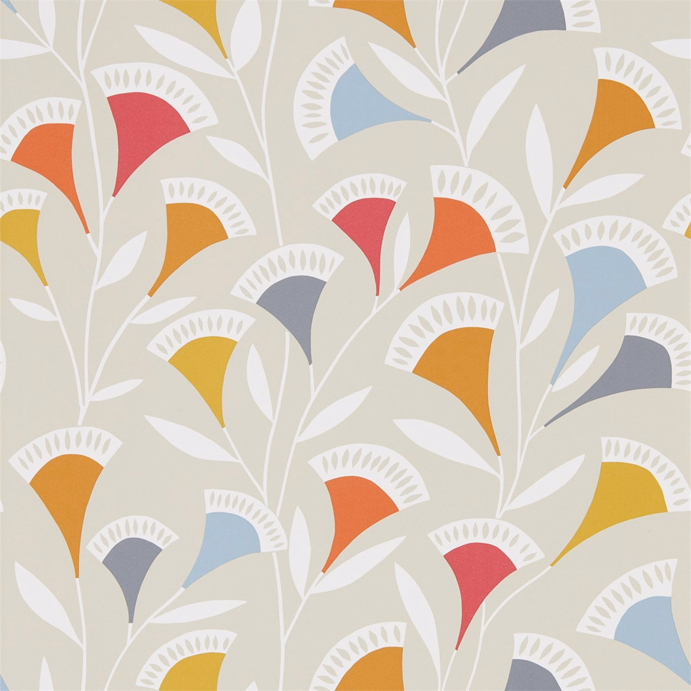 Warm grey Noukku wallpaper with white stems and watermelon, tangerine and slate fan motifs