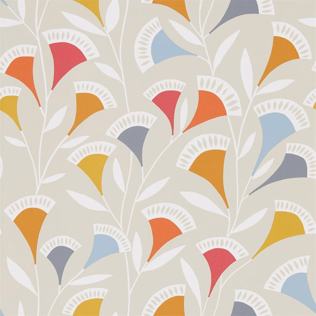 Warm grey Noukku wallpaper with white stems and watermelon, tangerine and slate fan motifs