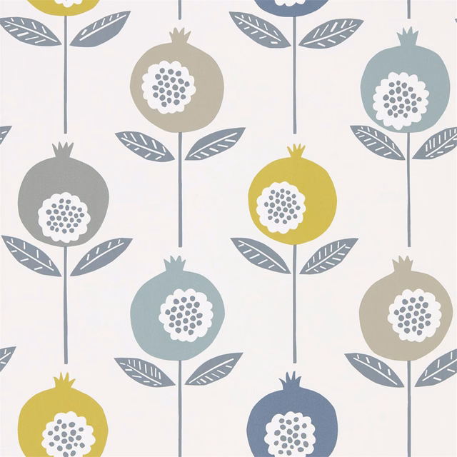 Lime, sage, blue and taupe pomegranate motifs on an ivory wallpaper ground