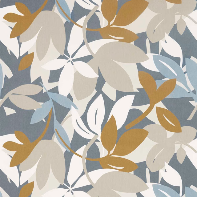 Slate blue-grey leaf fabric with cinnamon ochre, cream and pale blue botanicals