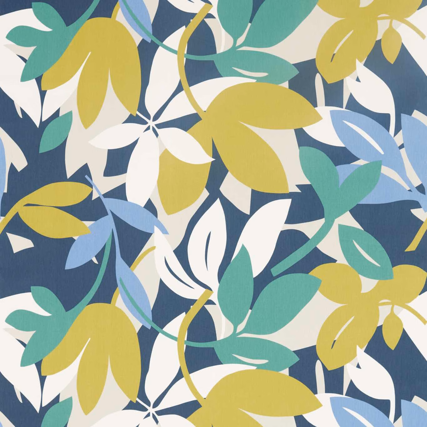 Forest-blue botanical fabric with citrus leaves, electric-blue foliage and white floral shapes