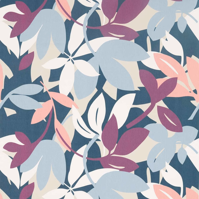 Indigo botanical fabric with blush petals, grape leaves, pale blue foliage and ivory stems