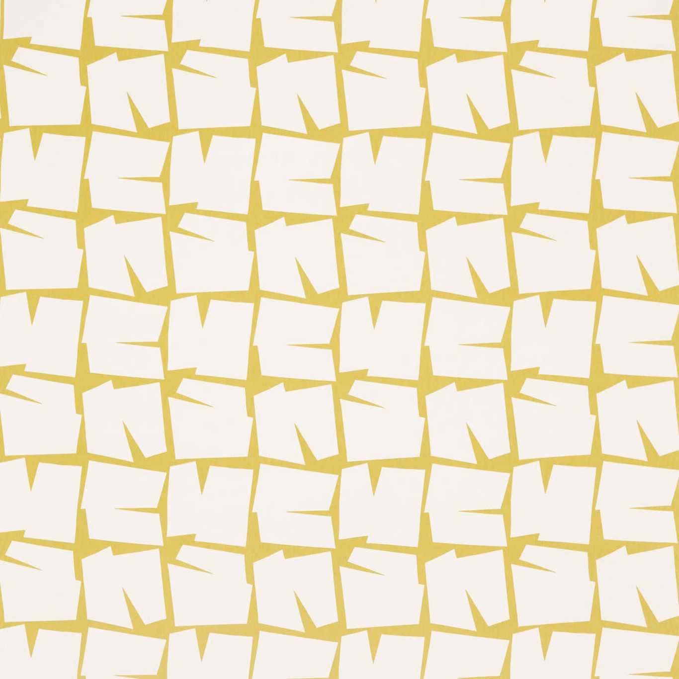 Warm citrus yellow fabric with irregular warm-white geometric blocks in repeat