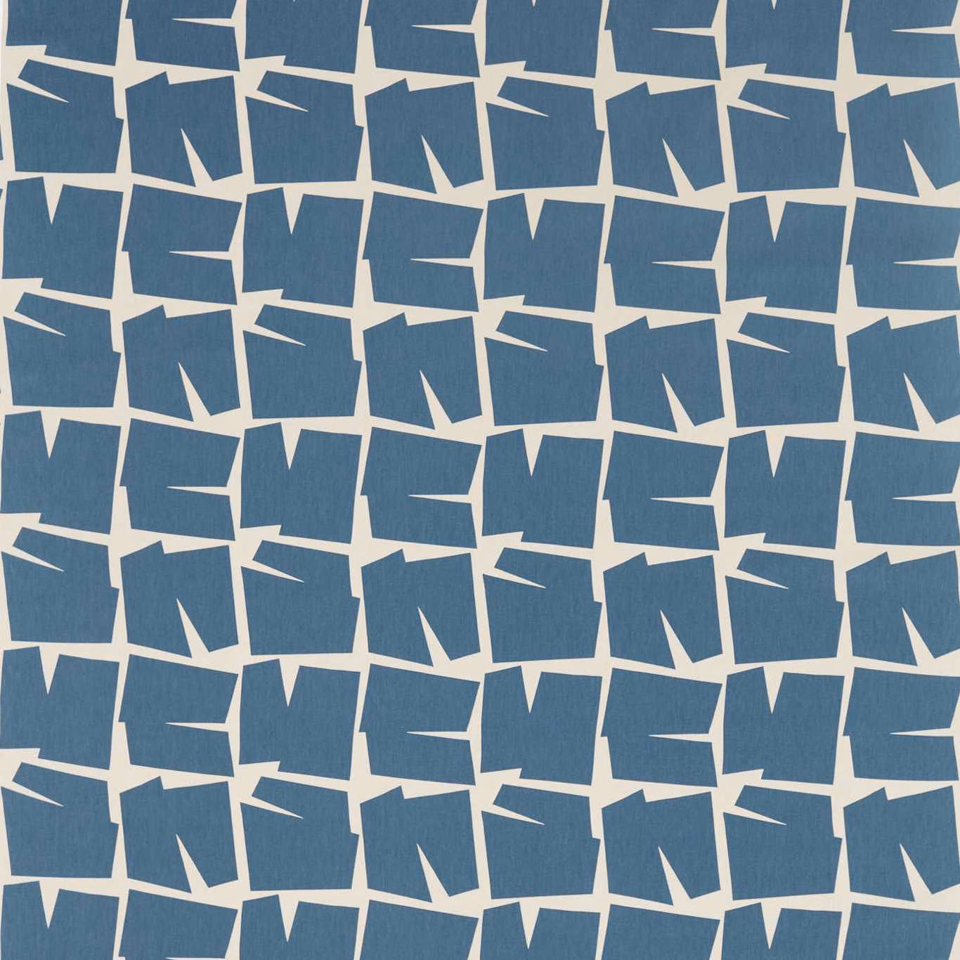 Muted indigo geometric woven fabric with irregular cream block-like lines