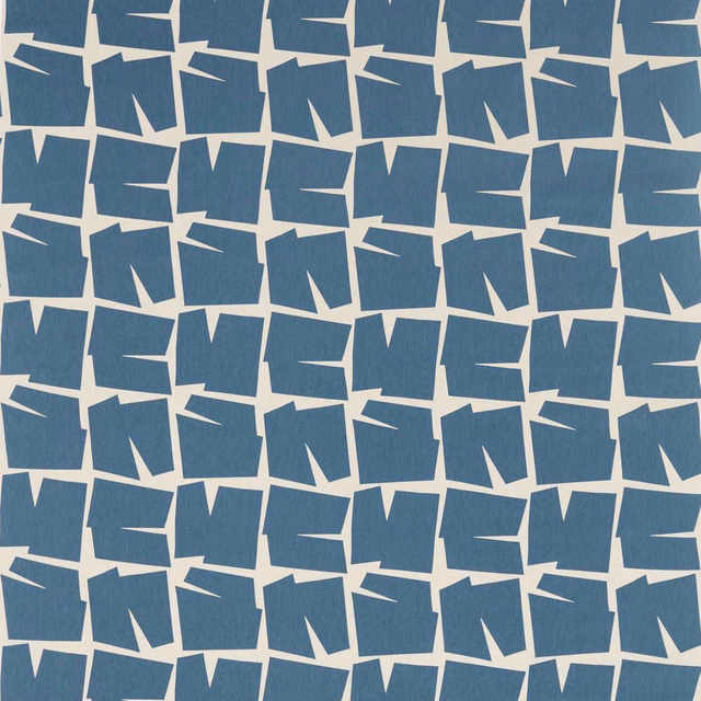Muted indigo geometric woven fabric with irregular cream block-like lines