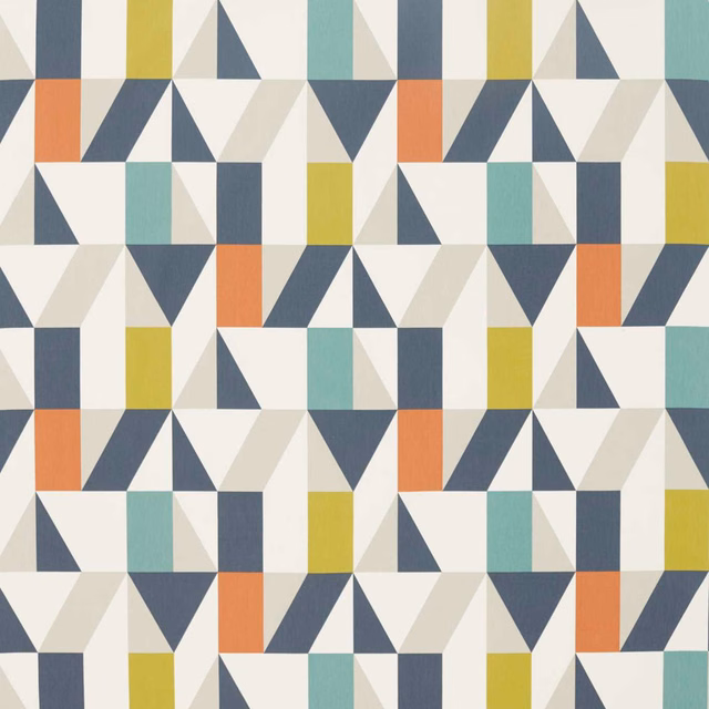 Cream geometric textile with citrus yellow, paprika orange and teal-blue triangular blocks