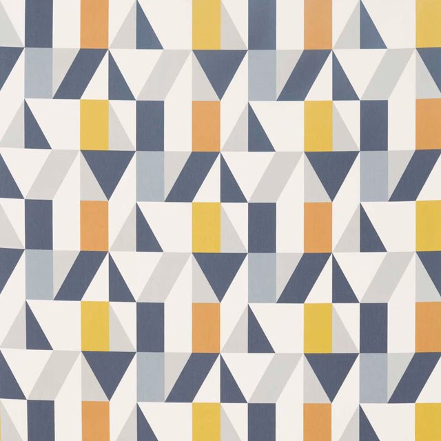 Charcoal, brick and mustard triangular geometric fabric with pale blue-grey and cream
