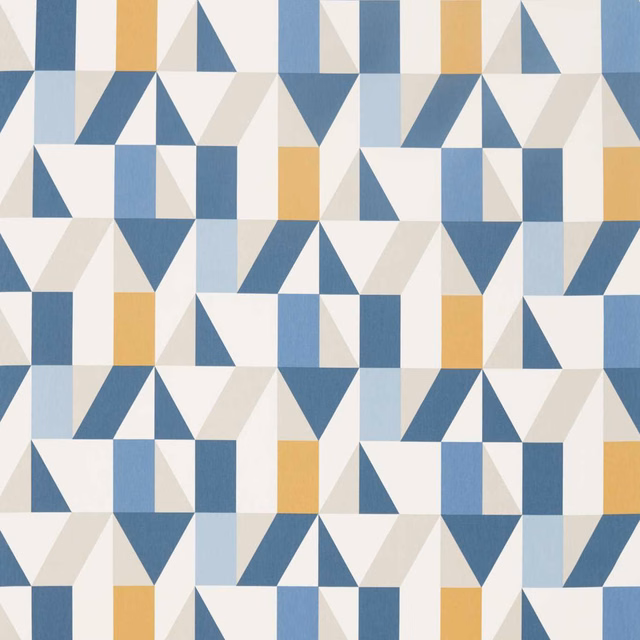 Indigo, slate blue, cream and satsuma geometric triangle fabric with subtle grain