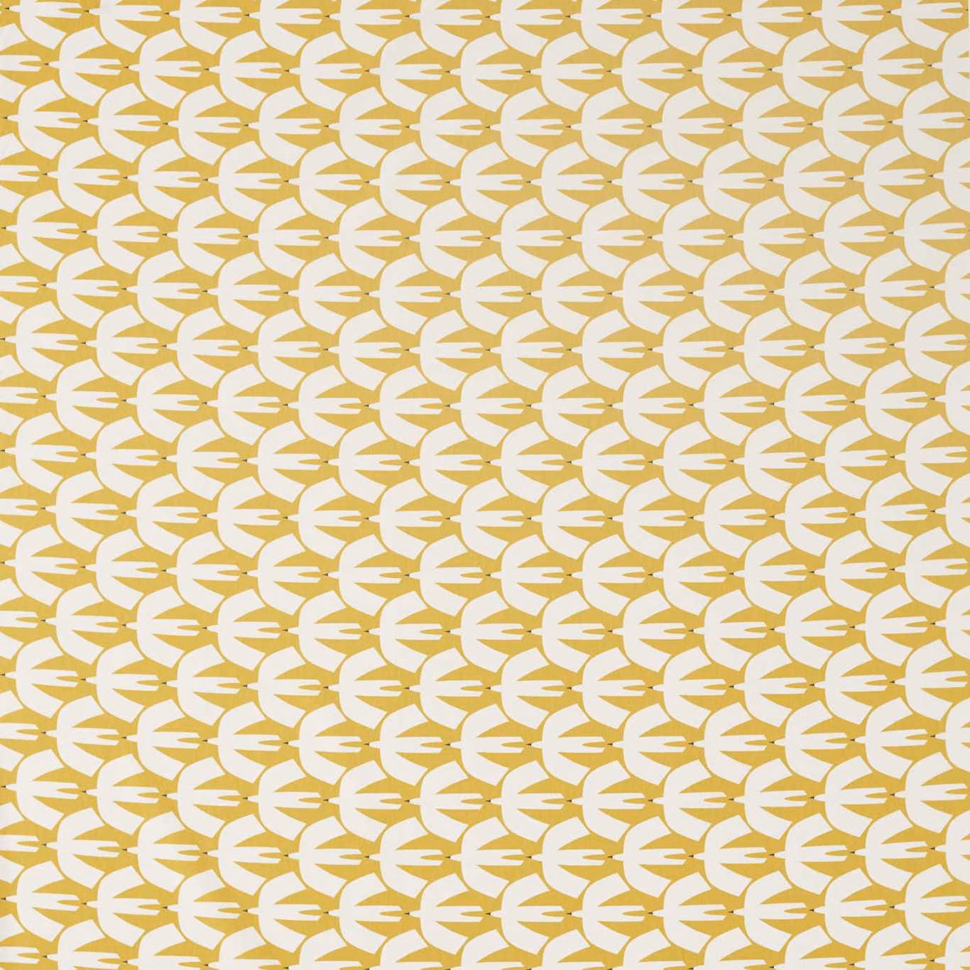 Warm dandelion yellow fabric with repeated cream bird-like motifs in neat rows
